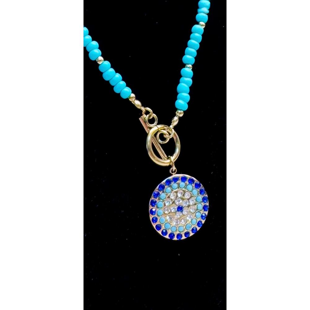 Turquoise Beaded Evil Eye Necklace Gold Toggle Boho Statement Faux